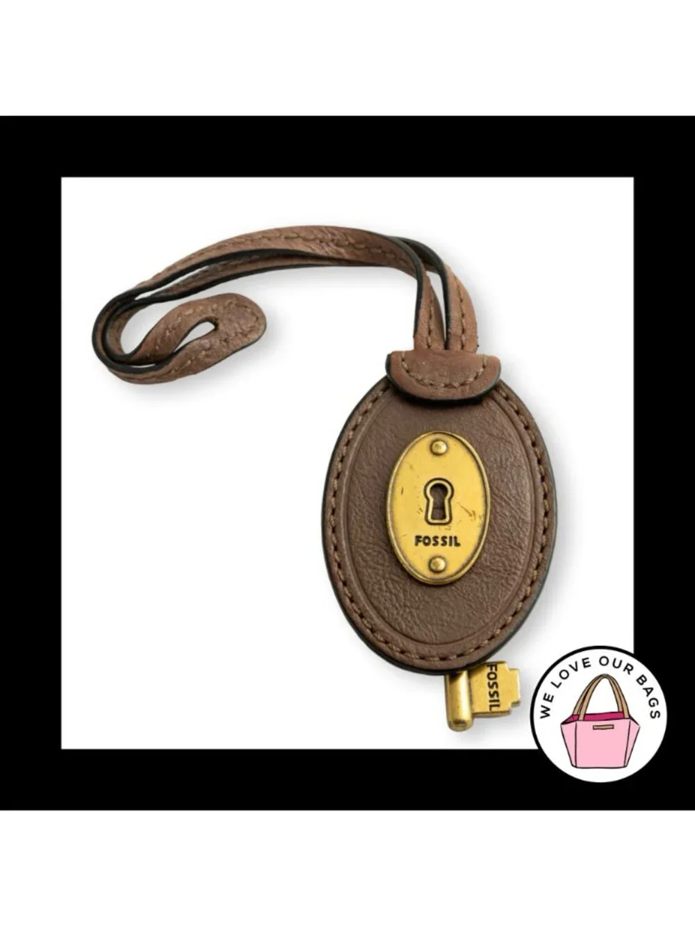 Y2K FOSSIL KEY Antique Gold Brass Brown Leather Strap Bag Charm Hang Tag Fob